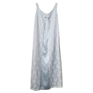 VINTAGE Handmade‎ Ethereal Maxi Dress light blue satin scalloped lace overlay